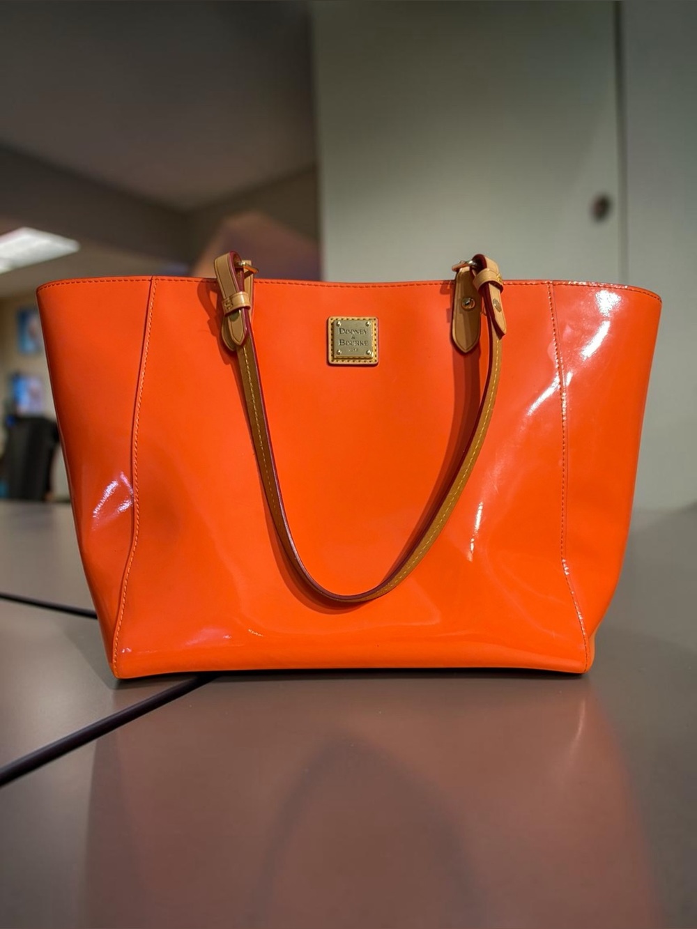 Dooney & Bourke Orange Patent Tote with Tan Straps